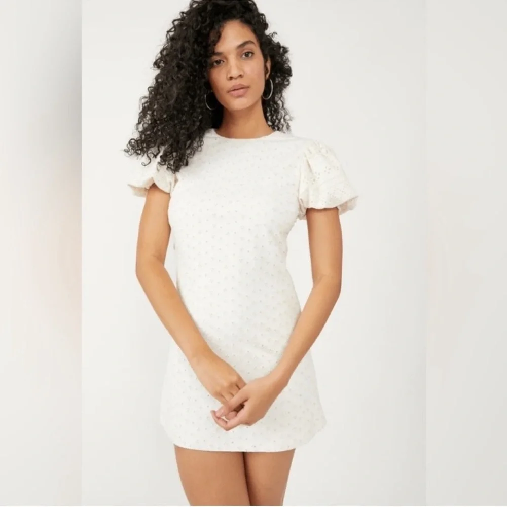 Free People Womens Apricot Rose Mini Dress Puff Sleeve Eyelet White Size L - Picture 4 of 10